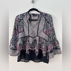 Lucky Pink and Black Floral Bell Sleeve V-Neck Blouse Size XS